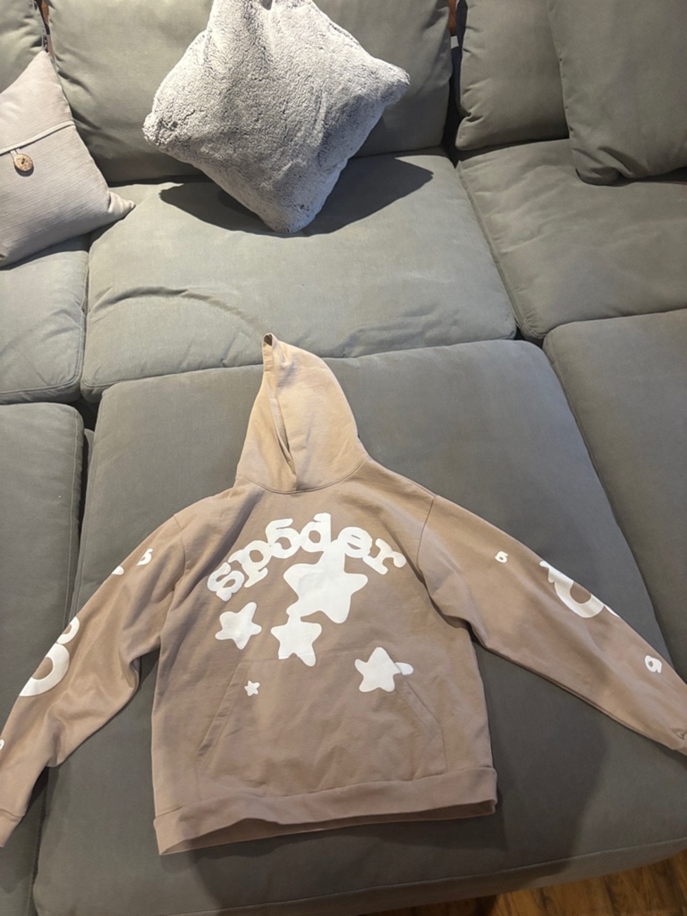 Spider Taupe Graphic Hoodie with White Star Prints